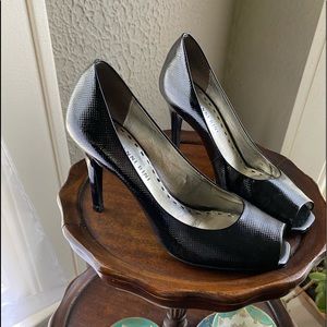 Gianni Bini Peep Toe Embossed Leather Pumps